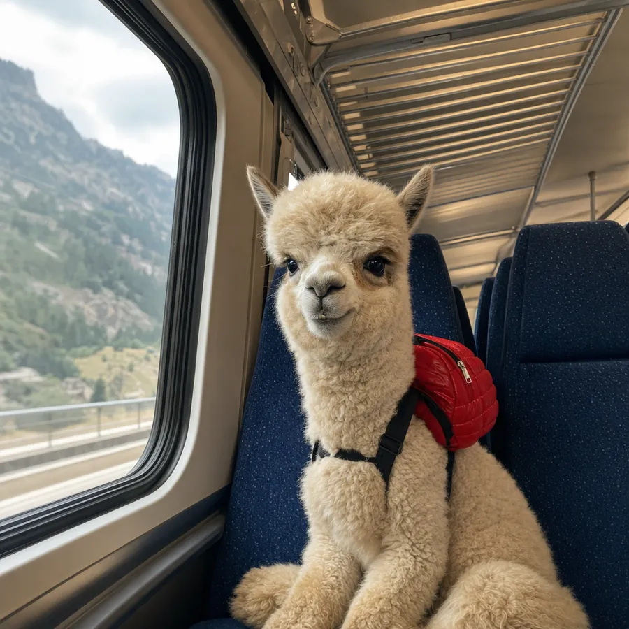 Backpaca sitting on a train seat under an empty luggage rack, red backpack still on